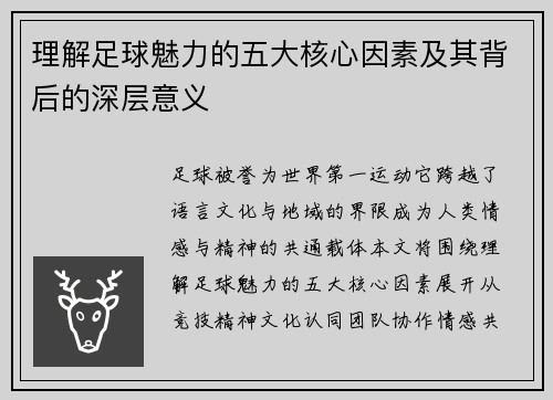 理解足球魅力的五大核心因素及其背后的深层意义